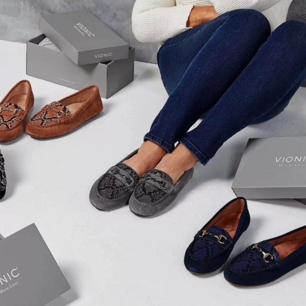 VIONIC DAYNA Grey Suede Leather Snakeskin Print Horsebit Loafers